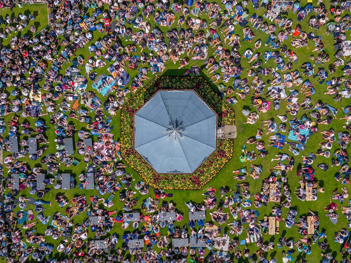 Princess Pavilion Gardens from above, full of people